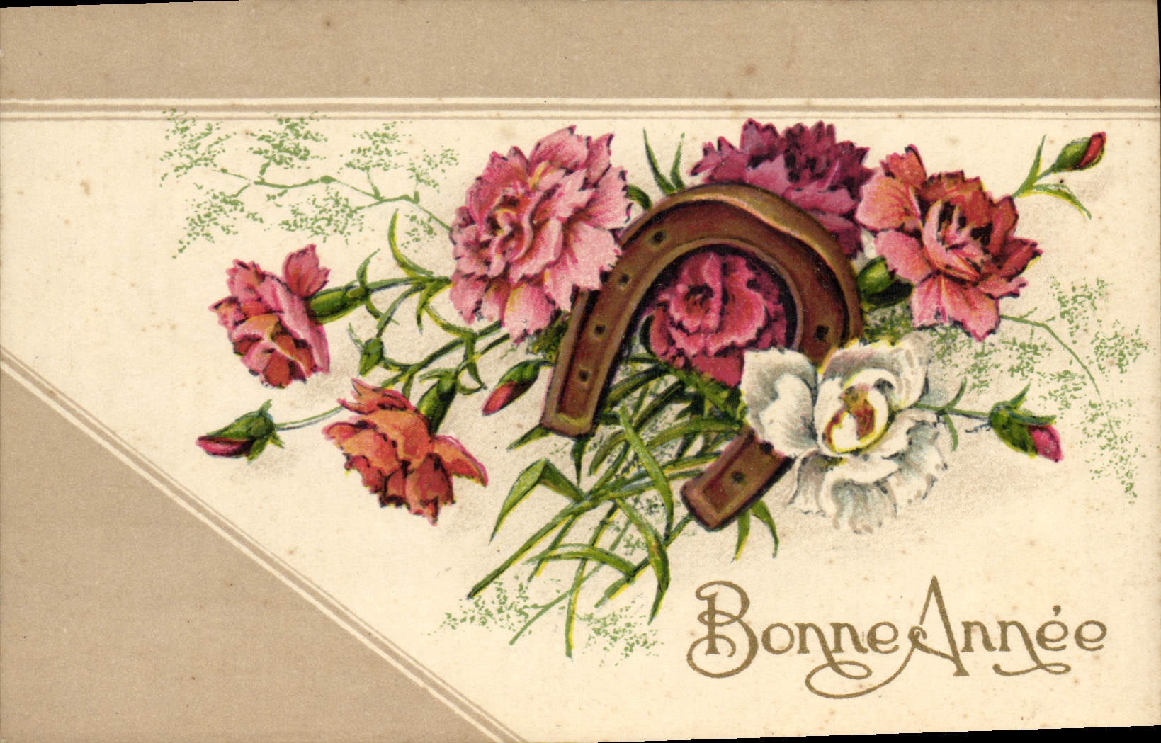CPA Fantaisie Fleurs Fer a cheval Bonne Annee