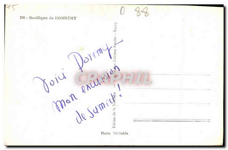 Basilique de Domrémy — éditeur Roeder, n° 701 — Verso