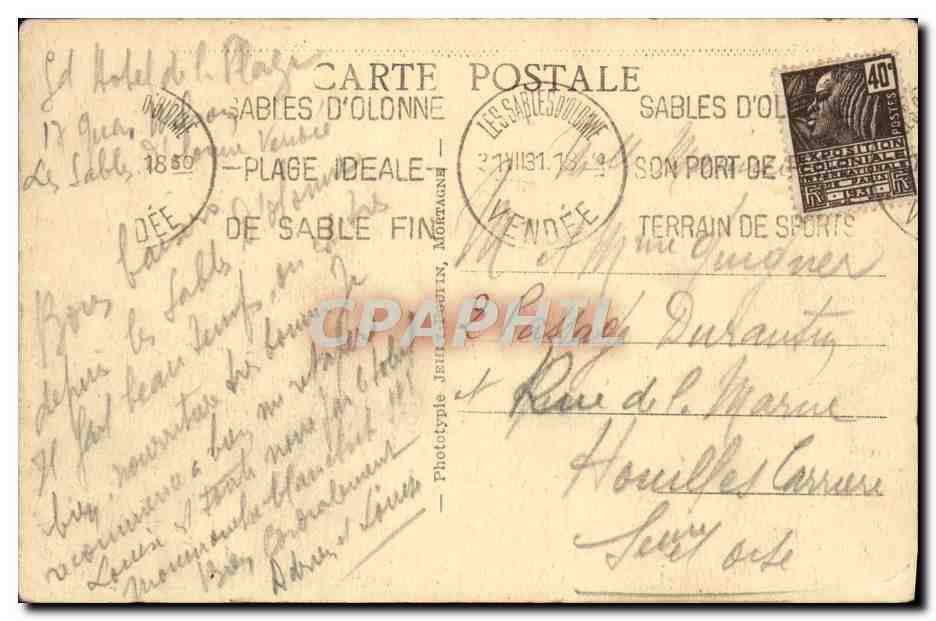 Plage des SABLES-D'OLONNE (Vendée) — vue animée de la plage et des tentes — Phototypie JEHU-GRIN, Mortemart, n°53 — Rückseite