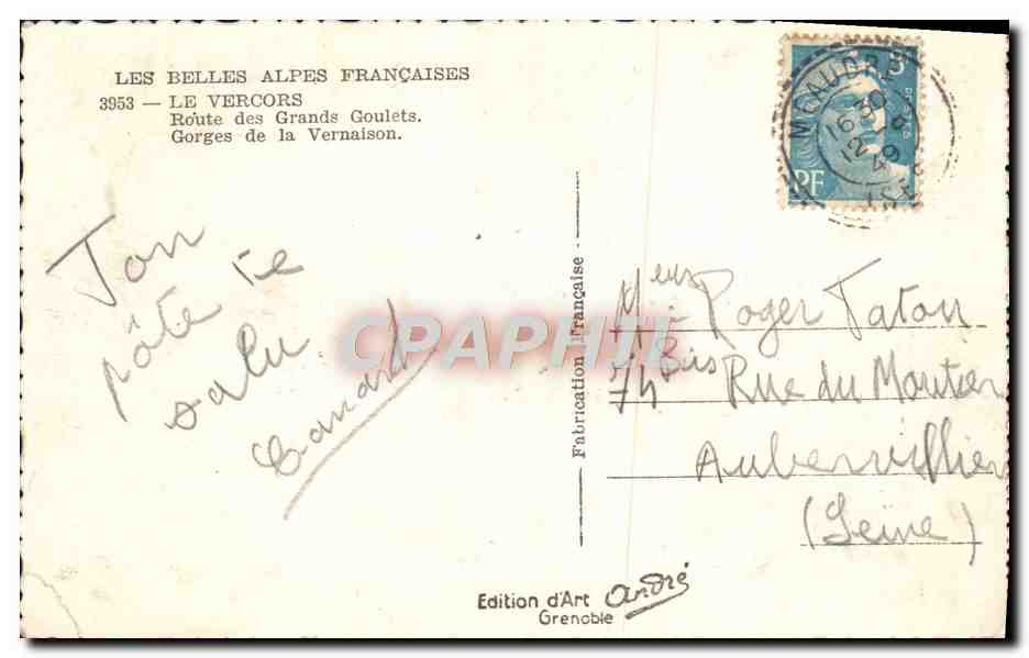 Les belles Alpes françaises — Route des Grands Goulets, Gorges de la Vernaison — Édition d'Art André, Grenoble — Verso