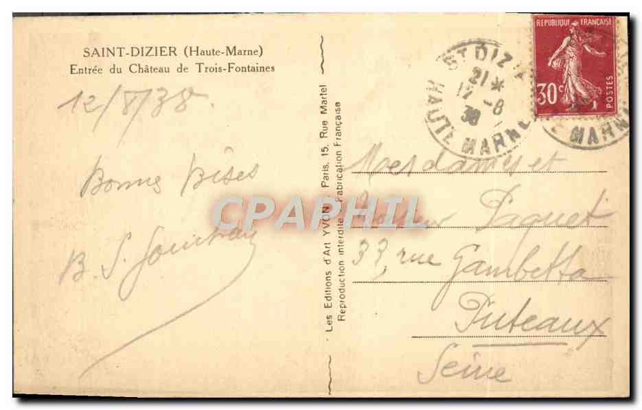 CPA Saint Dizier Entree Du Chateau De Trois Fontaines — Rückseite