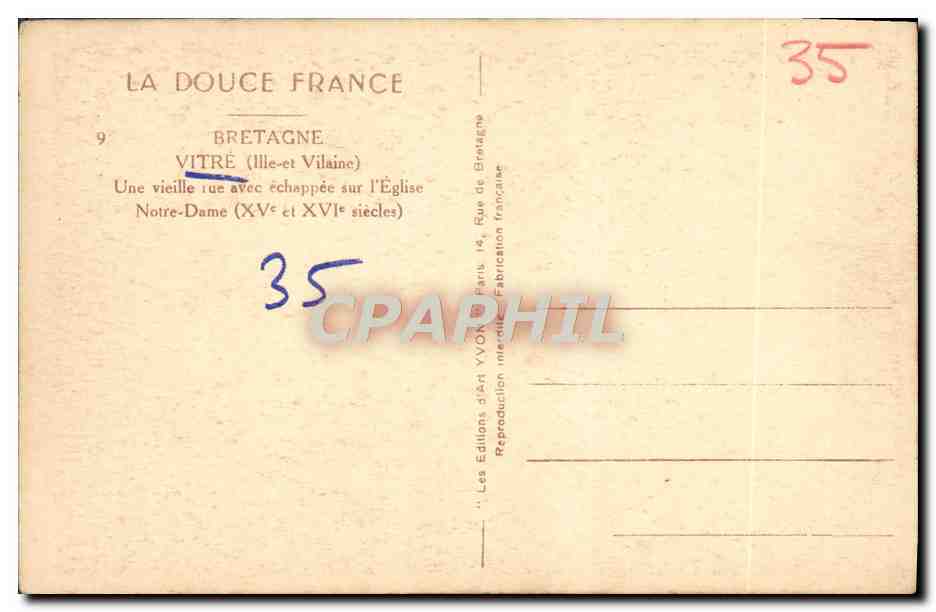 Vitré (Ille-et-Vilaine) — Ansicht der Straße mit Ausblick auf die Kirche Notre-Dame (15. und 16. Jahrhundert) — Yvon, n°9 — Rückseite