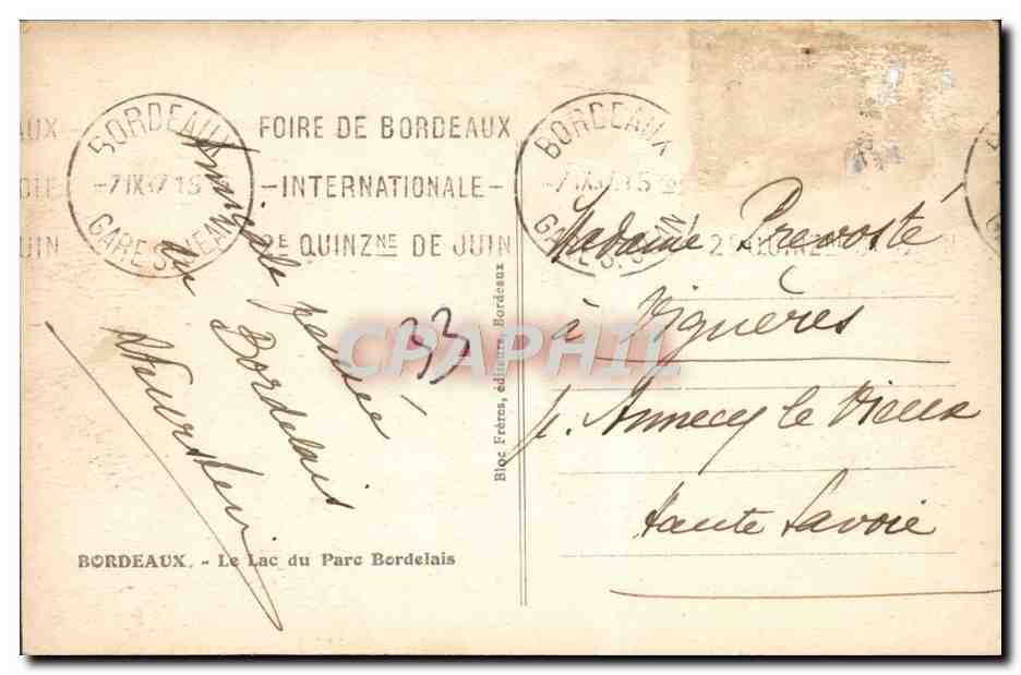 CPA Bordeaux Le Lac Du Parc Bordelais — Verso