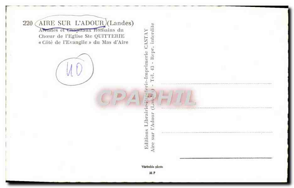 CPM Aire Sur L'Adour Arcades Et Chapitaux romains du choeur de l'eglise Ste Quitterie Cote de l'Evangile du Mas d'Aire — Rückseite
