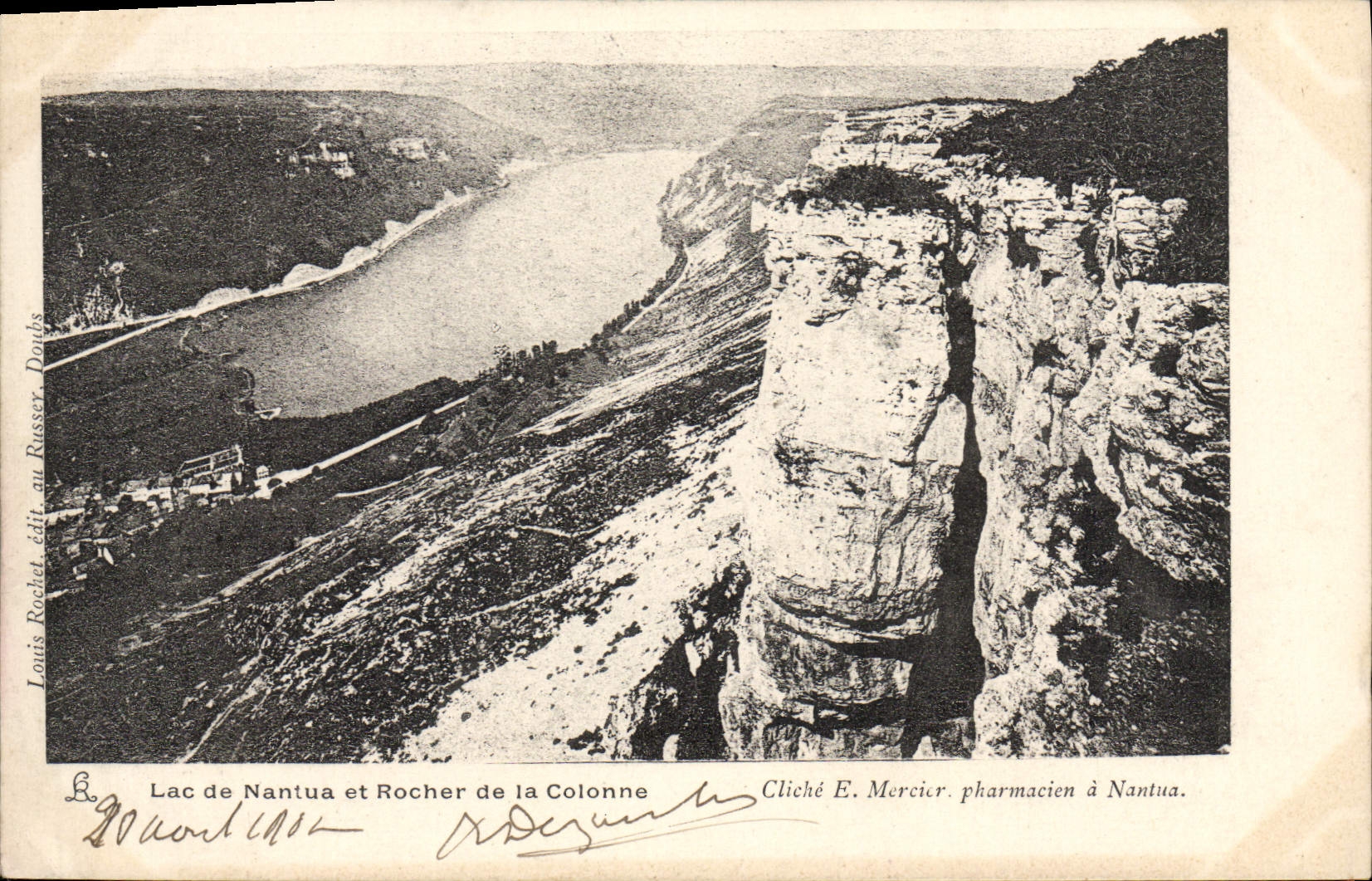 Lac de Nantua et Rocher de la Colonne — vue panoramique — Cliché E. Mercier, pharmacien à Nantua