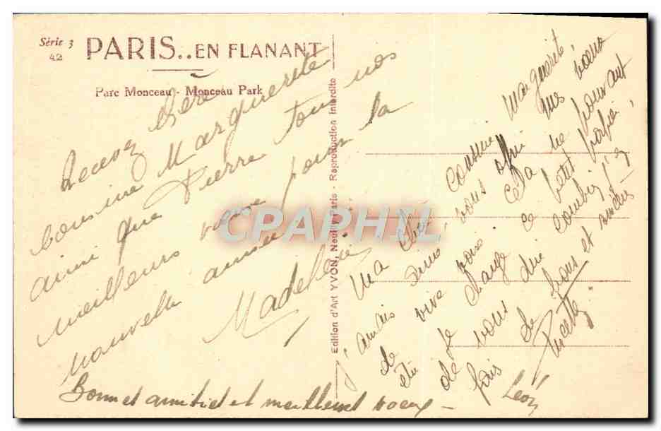 CPA Paris En Flanant Parc Monceau — Verso