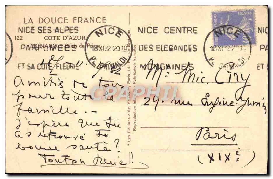 CPA Monaco Le palais du Prince — Rückseite