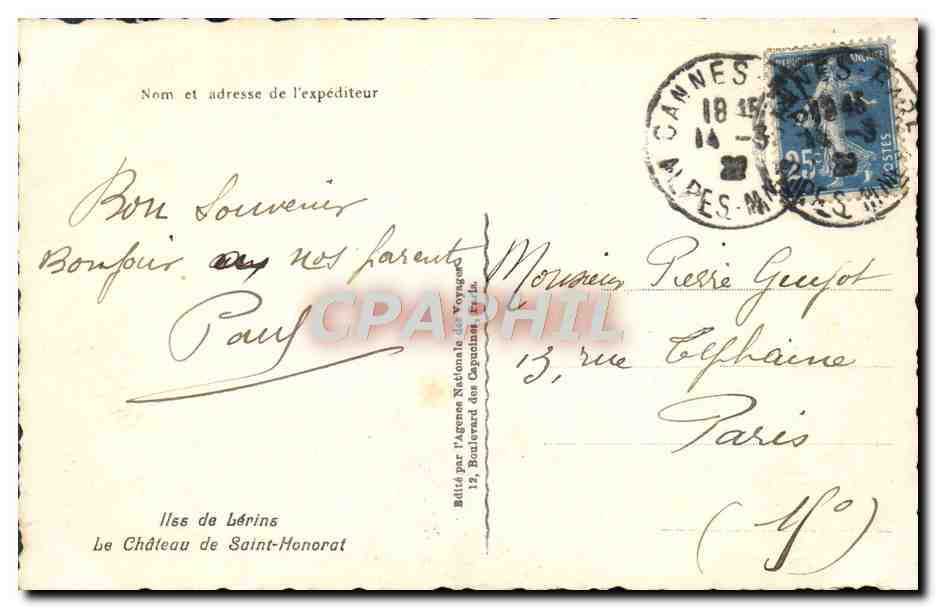 CPA Lerins Le chateau de Saint Honorat  — Rückseite