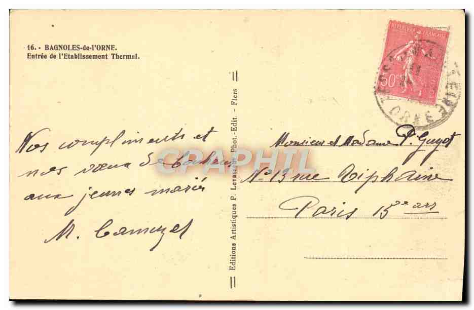 CPA Bagnoles de L'Orne Entree de L'Etablissement thermal — Rückseite