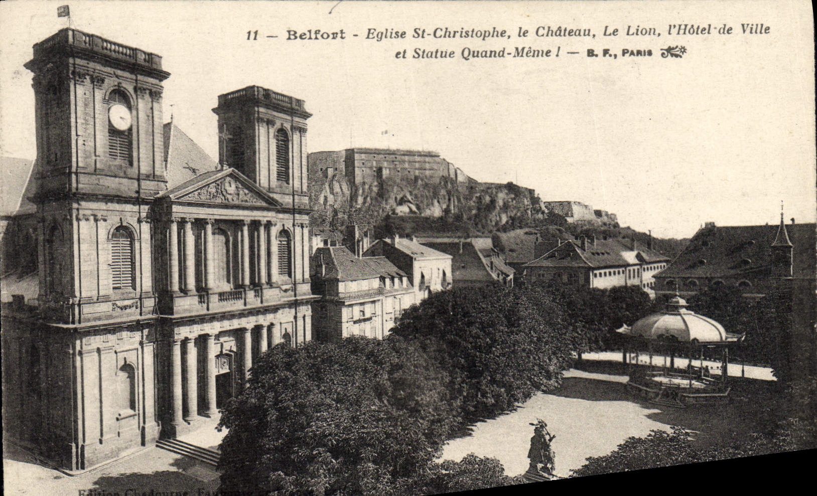 CPA Belfort Eglise St Christophe le Chateau Le lion l'hotel de ville et statue Quand Meme