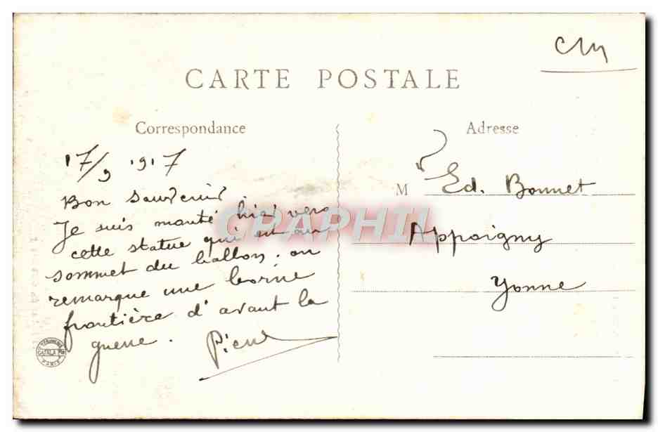 CPA Les Vosges Illustrees Vierge du Ballon d'Alsace — Rückseite