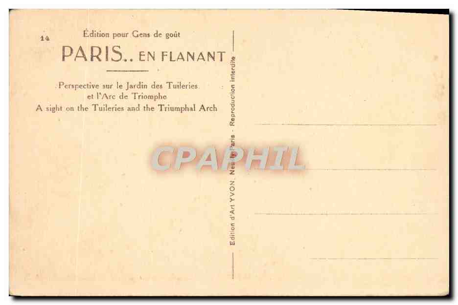 CPA Paris Perspective sur le jardin des Tuileries et l'Arc de TRiomphe  — Rückseite