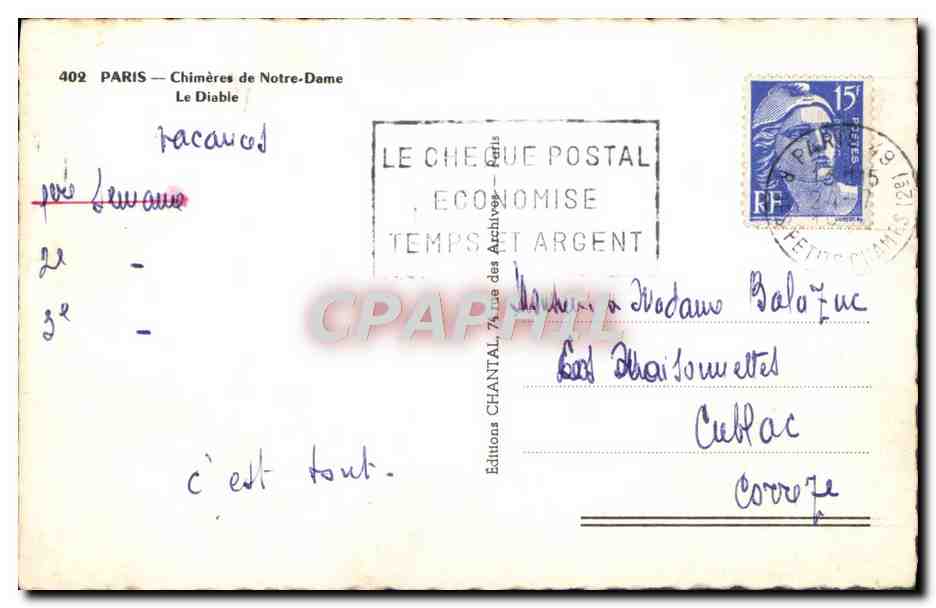 CPM Paris Chimeres de Notre Dame Le diable — Verso