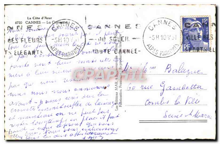 CPM Cannes La Croisette — Verso