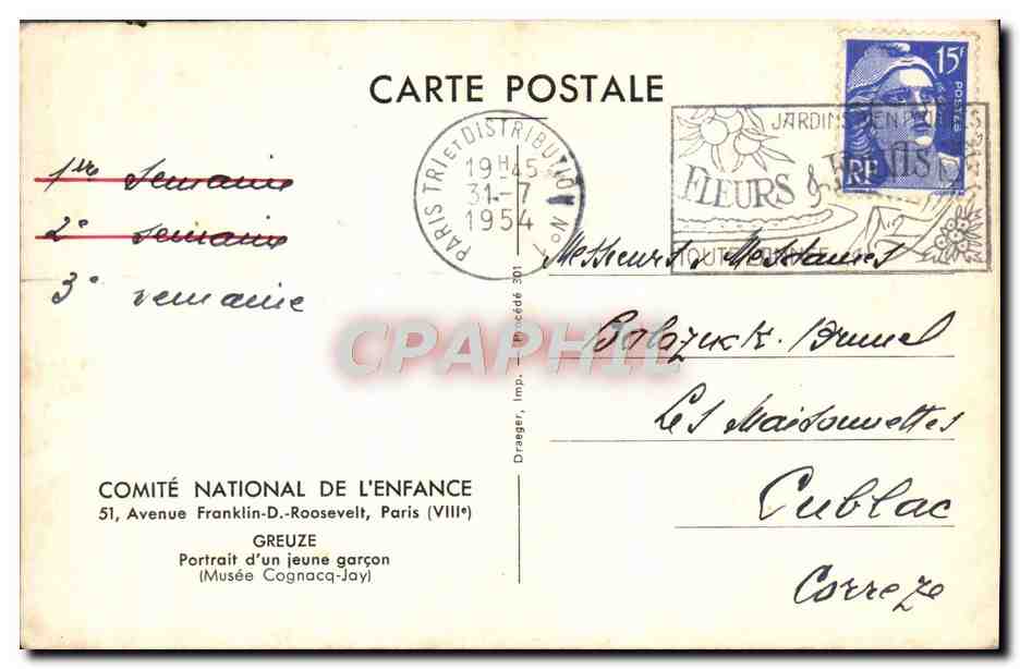 Portrait d'un jeune garçon — Musée Cognacq-Jay — Comité National de l'Enfance — Verso