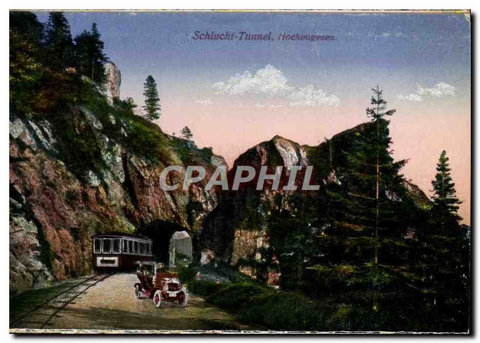Schlucht-Tunnel, Hochvogesen — vue du tunnel avec train et voiture — éditeur Emil Hartmann, Berlin