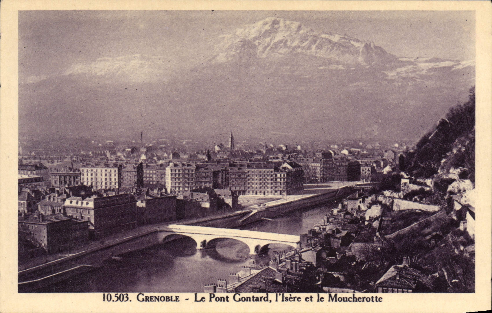 Grenoble - Le Pont Gontard, l'Isère et le Moucherotte — Méliogravure A. Belfort, n°10.503