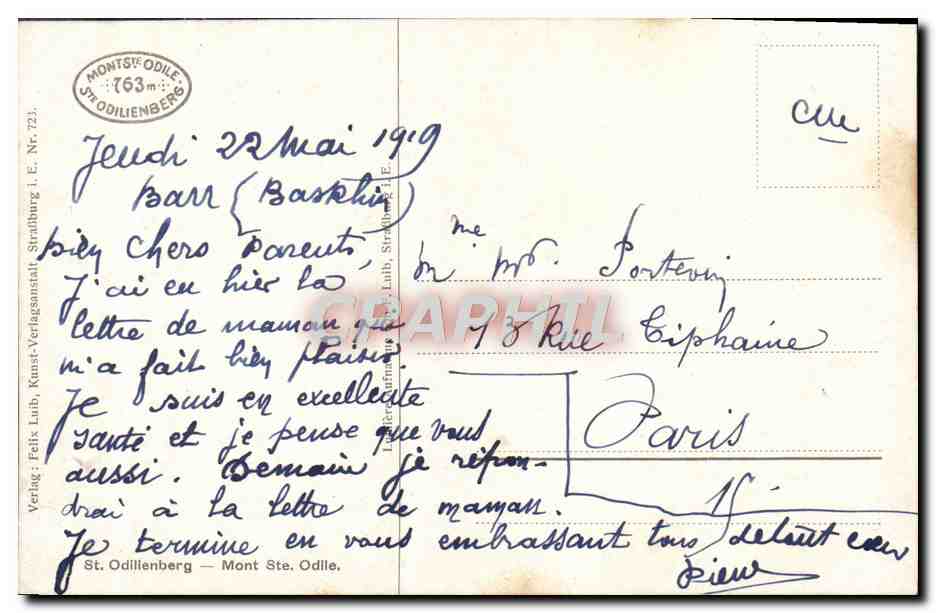CPA Mont Ste Odile — Verso