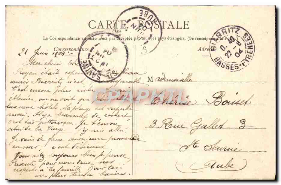 CPA Biarritz La Place Et L'Hotel Victoria — Rückseite