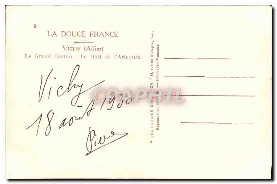 CPA Vichy Le Grand Casino Le Hall de l'Arlequin — Verso