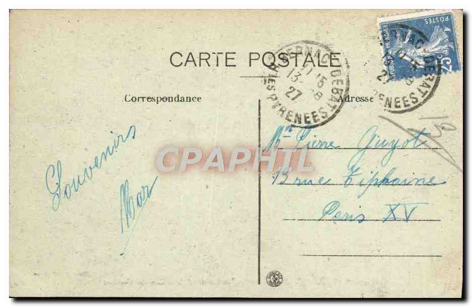 Bagnères-de-Bigorre — Promenade et Jet d'Eau des Coustous — Edit. J. Bravay — Verso