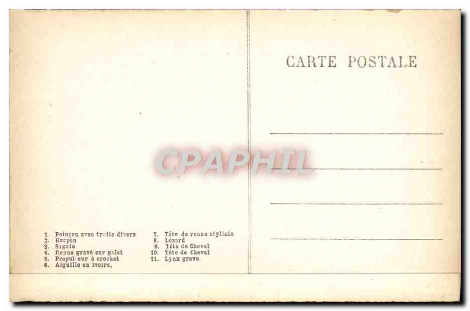 Laugerie-Basse (Les Eyzies, Dordogne) — Exemplare von Fundstücken aus der Ausgrabung von Marseille — unbekannter Verlag, Seriennummer nicht sichtbar — Rückseite