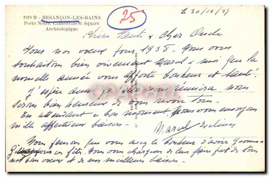 Besançon-Les-Bains — Cathédrale et Square — Éditeur CPAPHIL, n° 989 — Verso