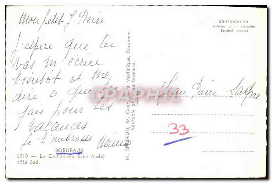 CPM Bordeaux La Cathedrale Saint Andre — Verso
