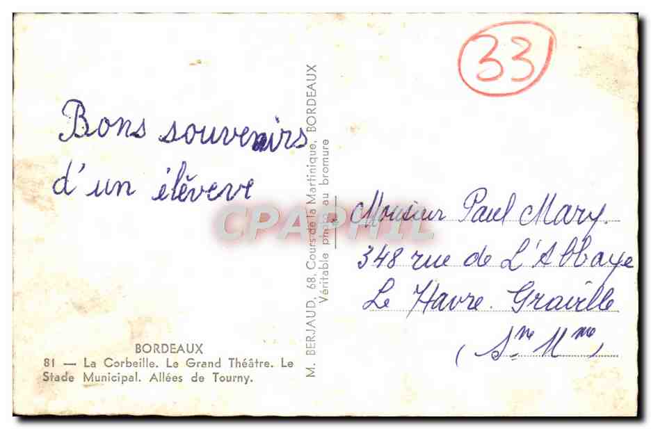 CPM Bordeaux La Corbeille Le Grand Theatre Le stade municipal Allees de Tourny — Verso