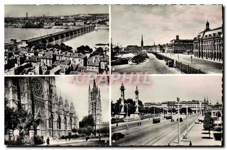 CPM Bordeaux Le Pont De Pierre La Bourse et les quais Saint Michel la cathedrale La Tour Pey Berland Les colonnes 