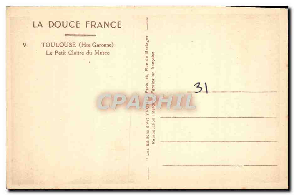 Le Petit Cloître du Musée — Toulouse (Hte Garonne) — Éditions d'Art Yvory, Paris — Verso