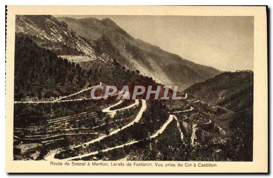CPA Menton Route de Sospel a Menton Laceet de Fontanin Vue prise du Col a Castillon