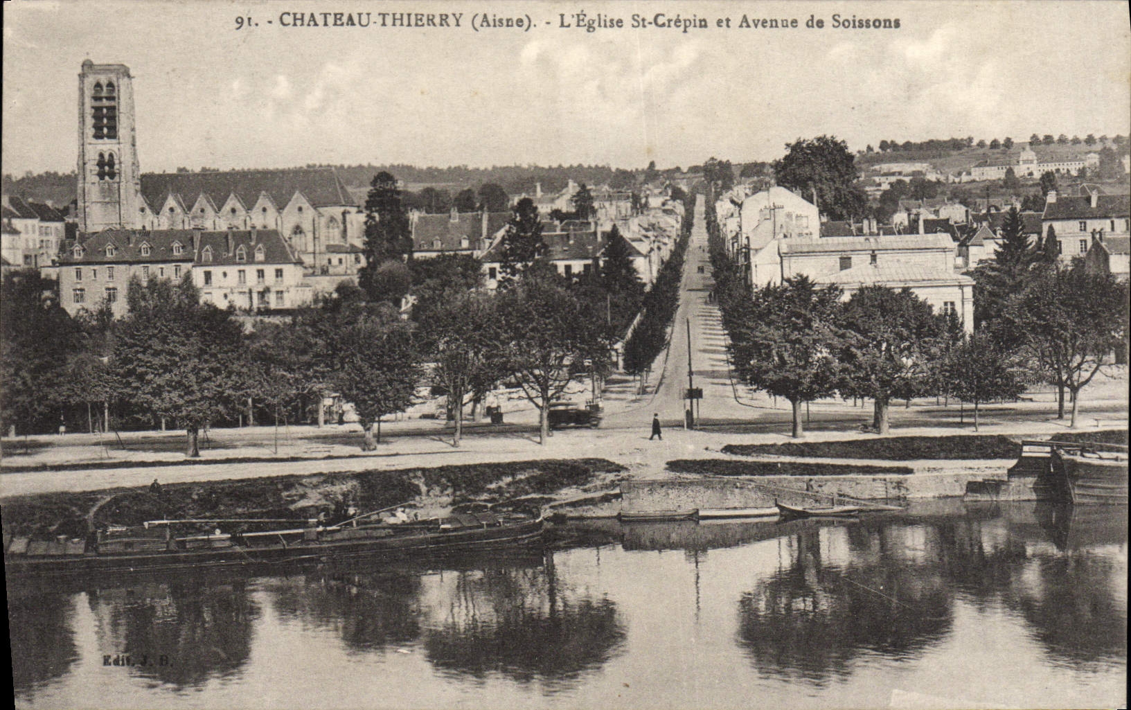 Château-Thierry (Aisne) — L'Église St-Grépin et Avenue de Soissons — Éditeur J. D.