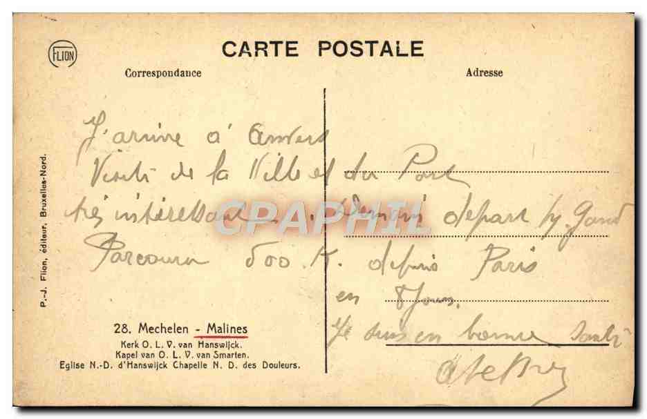 CPA Malines Eglise ND d'Hanswijck Chapelle ND des Douleurs — Rückseite