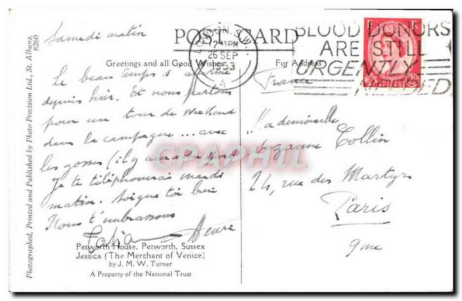 CPA Petworth House Petworth Sussex Jessica The merchant of Venice — Verso