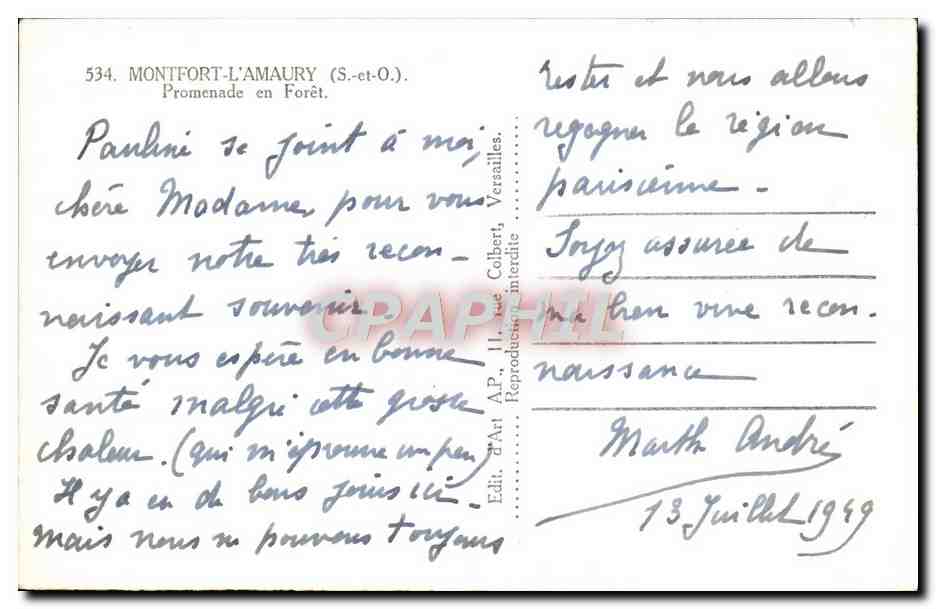 Montfort-l'Amaury — Paseo por el Bosque — Edit. d'Art A.P. n°534 — Reverso