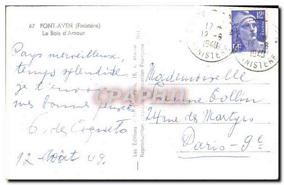 CPM Pont Aven Le Bois d'Amour — Rückseite