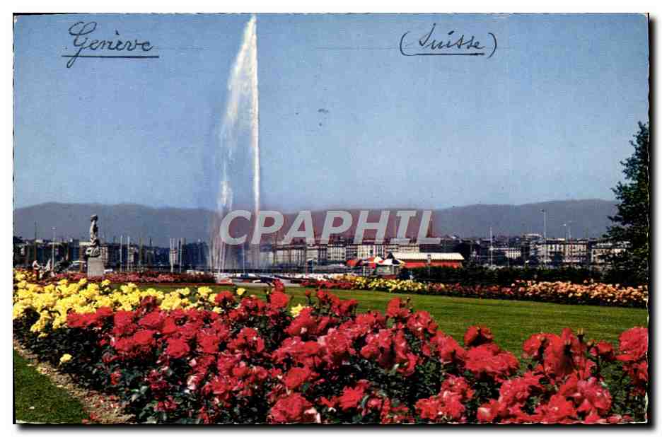 CPM Geneve Le jet d'eau et la statue de la brise 