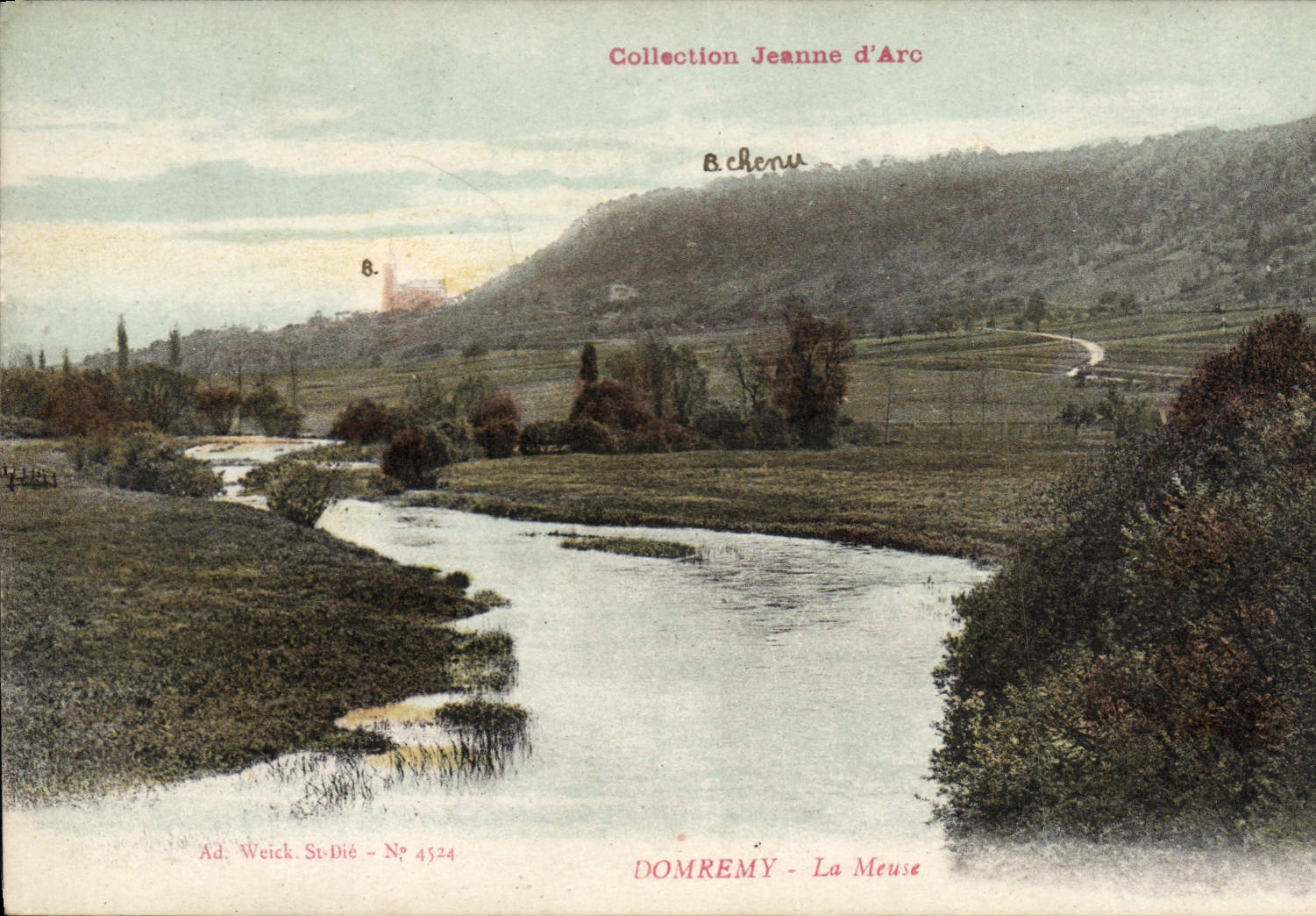 Domremy - La Meuse — vue du paysage fluvial avec château en arrière-plan — Ad. Weick, St-Dié, N° 4524