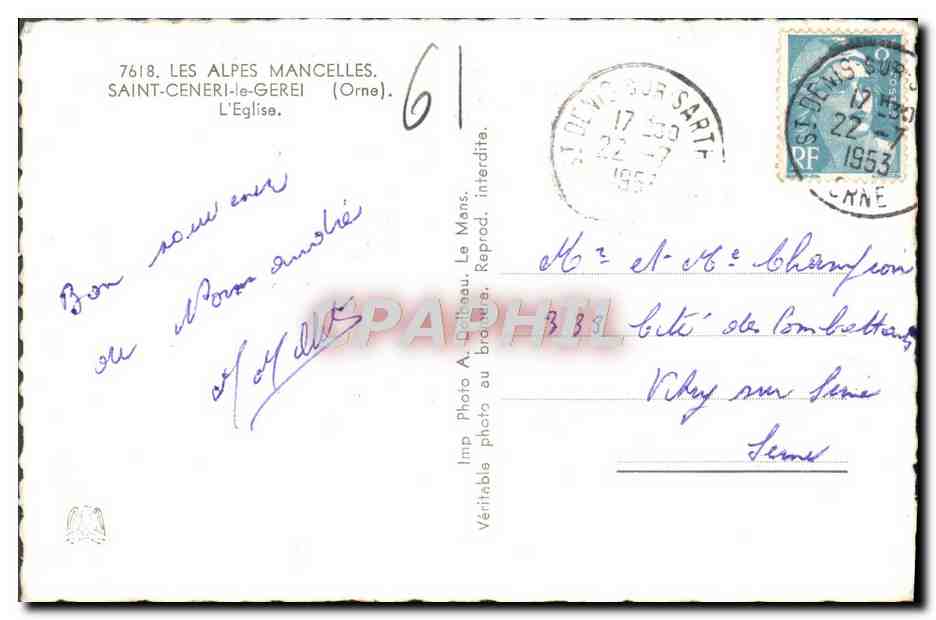 CPM Les Alpes Mancelles Saint Ceneri Le Gerei L'eglise  — Rückseite