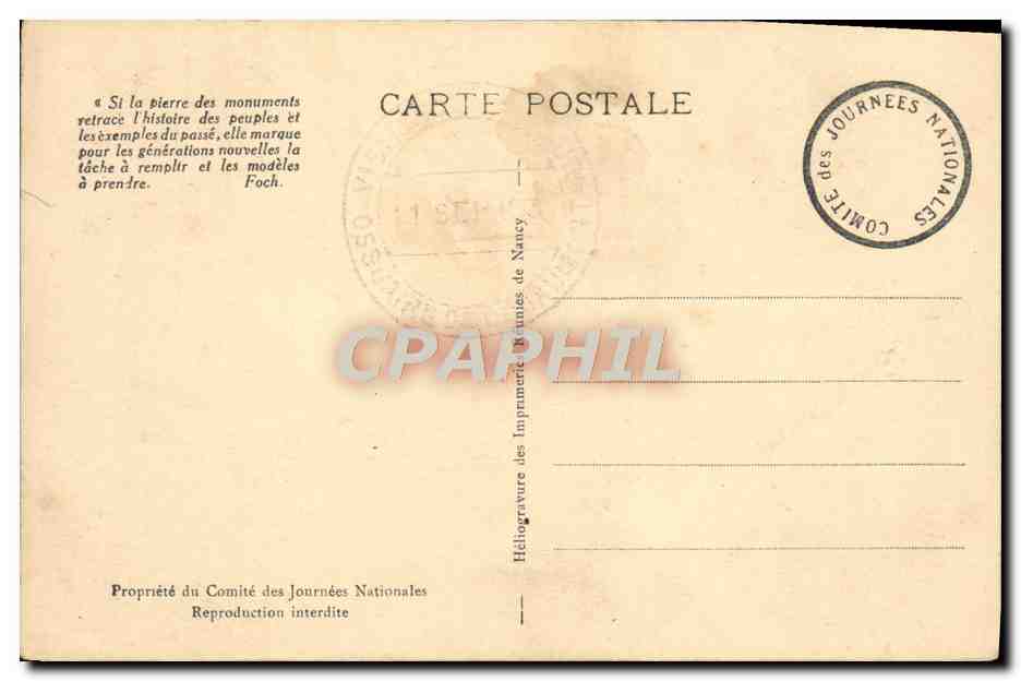 Journées Nationales de Juillet 1929 — Commemoration des soldats morts pour la Patrie — Éditeur : Imprimerie des Journées Nationales — Rückseite
