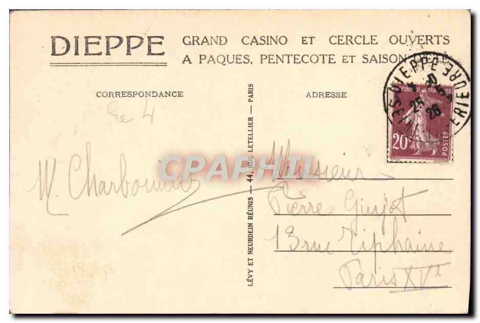 CPA Dieppe Le Casino Et Les Falaises — Verso