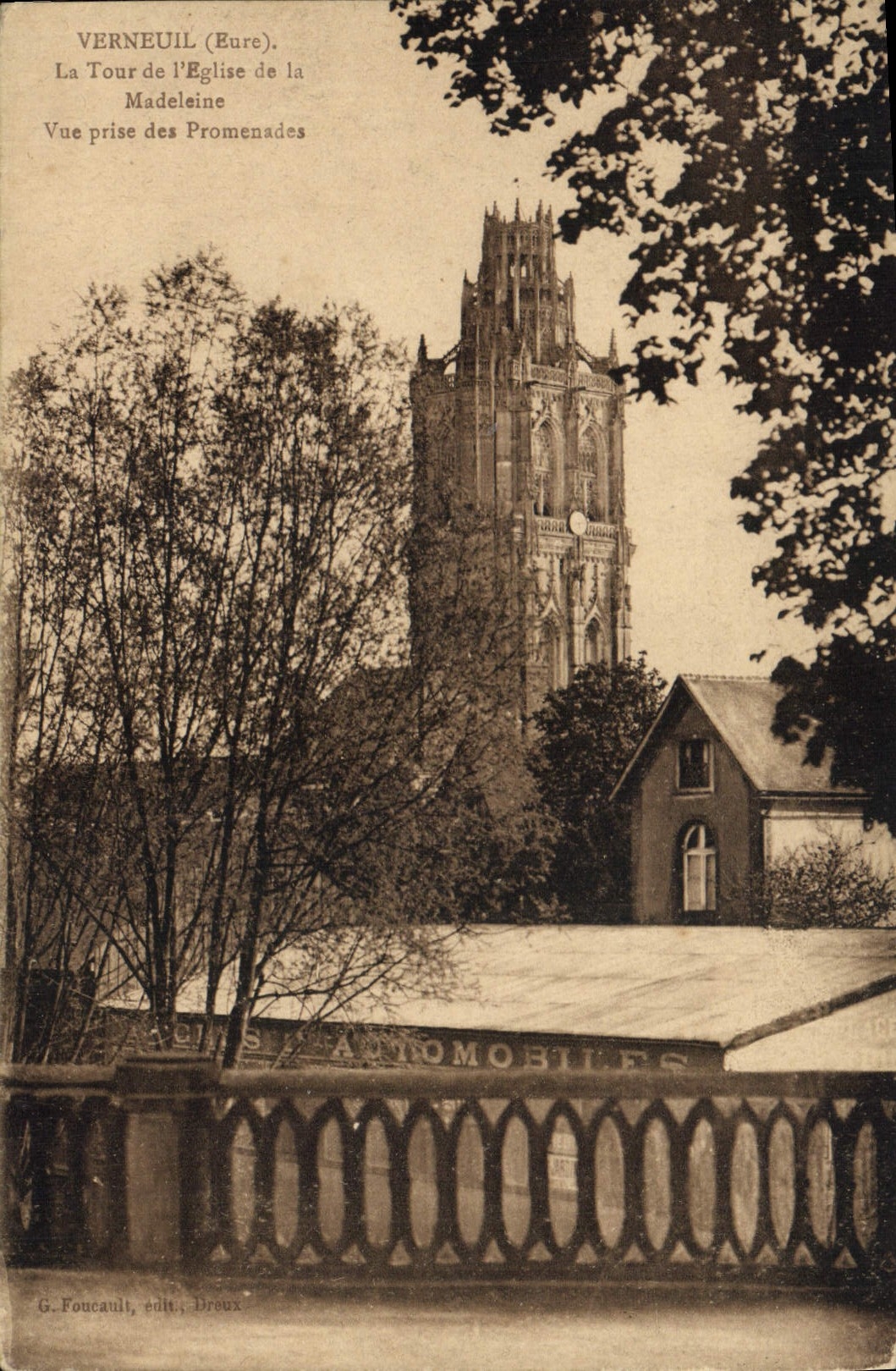Verneuil (Eure). La Tour de l'Église de la Madeleine — Vue prise des Promenades — G. Foucault, édit., Droux