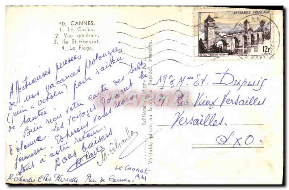 CPM Cannes Le Casino Vue Generale Ile St Honorat La plage  — Verso
