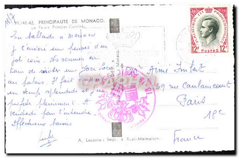 CPM Principaute De Monaco Le palais princier illumine — Rückseite