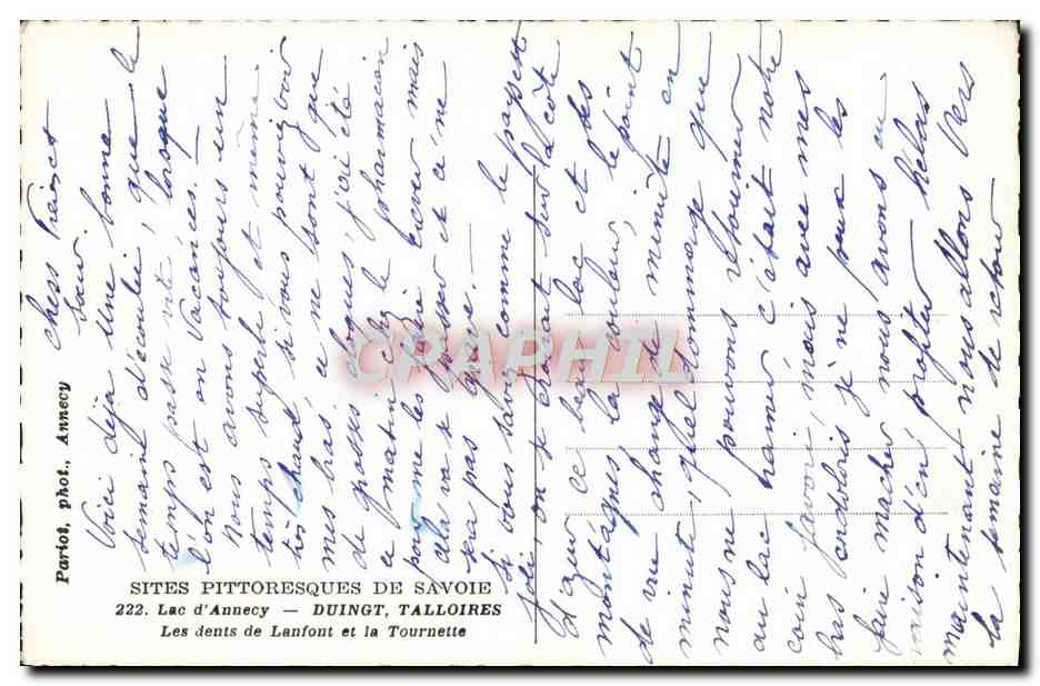 See Annecy — Dents de Lanfon und La Tournette — Bilderhafte Orte der Savoie, Nr. 222, Verlag Partot, Annecy — Rückseite