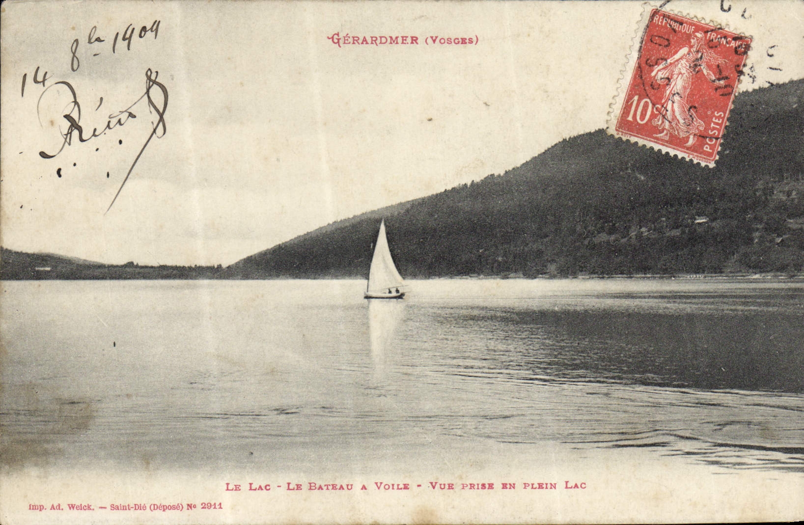 Gérardmer (Vosges) — Le lac — Le bateau à voile — Vue prise en plein lac — Imp. Ad. Welck, Saint-Dié (Déposé) N° 2911
