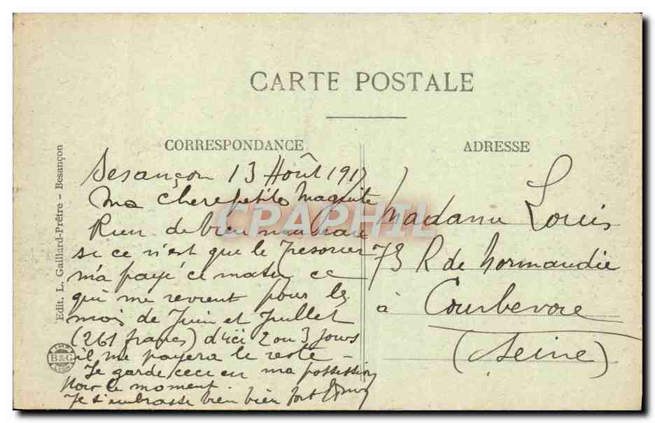 Besançon — Vue générale — La Citadelle — Éditeur L. Gaillard-Prêtre, n° 380 — Rückseite