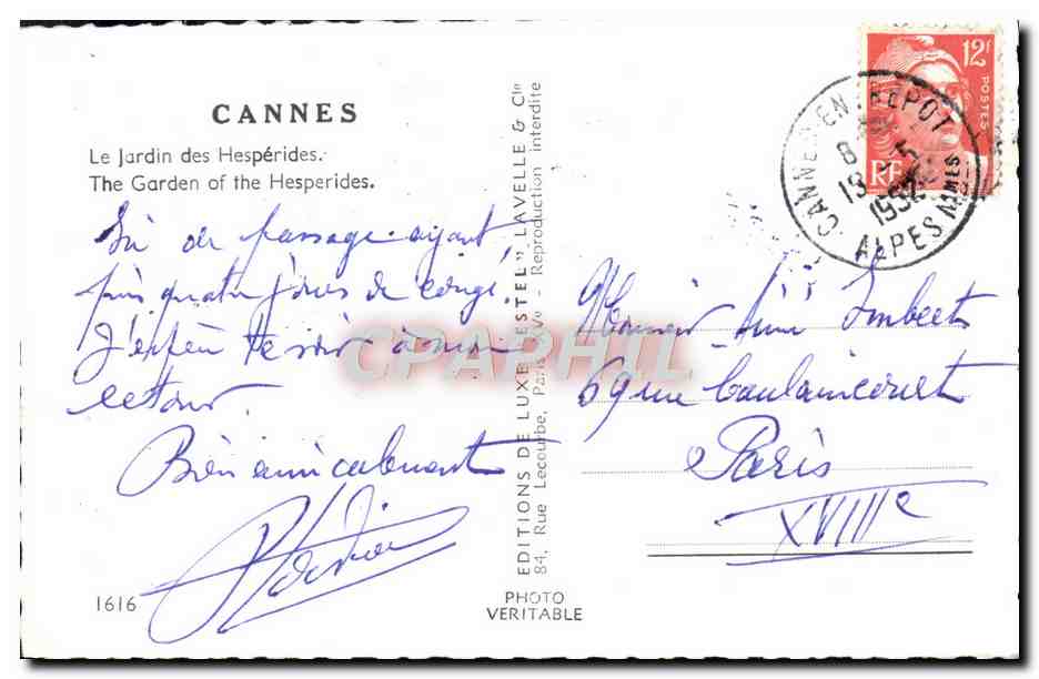 CPM Cannes Le Jardin des Hesperides  — Verso
