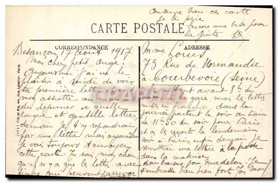 CPA Besancon Le Port Battant et L'Eglise de la Madeleine Tramway — Rückseite
